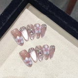 10Pcs Handmade Press on Nails Full Cover Glitter Hand-painted 3D Flower Rhinestone French Fake Nail Artificial Wearable Manicure