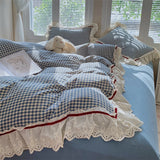 Blue Plaid Lace Ruffles Bedding Set 100% Cotton Double Layer Thread Wrinkled Yarn Duvet Cover Flat/Fitted Bed Sheet Pillowcases