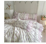Pink Floral Double Layer Lace Ruffles 100% Cotton Bedding Set Duvet Cover Set Bed Sheet/Bed Skirt/Fitted Sheet Pillowcases 4Pcs