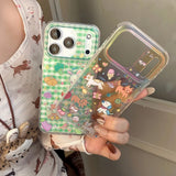Cute Animal Green Grid Pattern Cartoon Laser Glitter Phone Case for iPhone 13 14 16 15 17 Pro 17ProMax Shockproof Clear Cover