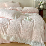 Tulip Flowers Lace Ruffles Princess Style Bedding Set Velvet Warm Winter Duvet Cover Flat/Fitted Bed Sheet Pillowcases 4Pcs