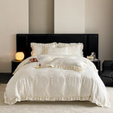 Beige Jacquard Satin Cotton Bedding Sets Luxury Lace Embroidery Duvet Cover Flat or Fitted Bed Sheet Pillowcases Home Textile