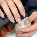 10pcs Short Almond Press on Nails Gradient Cat Eye Handmade False Nails Glitter Rhinestone Fake Nails French Acrylic Nail Tips