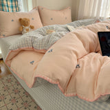 3/4PCS Ins Peach Bedding Set Grey Grid Cherry Embroidery Shell Seam Edge Double-layer Yarn Super Soft Comfortable Bedroom Decor