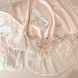 Rose Flowers Embroidery Lace Ruffles Bedding Set Lyocell Cotton Soft Silky Cooling Duvet Cover Flat/Fitted Bed Sheet Pillowcases