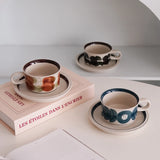 1Set Mid-Century Style Hand-Painted Flower Pattern Ceramic Cup and Saucer, High-End Exquisite Coffee Cup and Saucer, Suitable for Home Decoration, Home Drinking Water, Home Daily Use, Party, Breakfast Milk Cup, Afternoon Tea