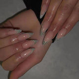 24pcs Long Stiletto False Nails with Glitter Silver Sequin Design Press on Nails Gradient Black Wearable Finished Fake Nail Tips