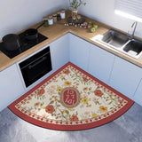 Kitchen Corner Fan-shaped Floor Mat Retro Arc Flower Pattern PVC Foot Mats Absorbs Water Oil Non-slip Dirt-resistant Dark Carpet