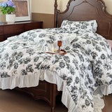 French Pastoral Style Rose Flowers Print Lace Bedding Set Single Queen King Size 100% Cotton Duvet Cover Bed Sheet Pillowcases