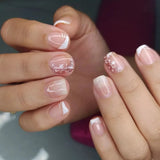 24pcs Sweet Cool False Nails Gradient French Fake Nail Tips with Purple Flowers Design Short Square Press on Nails Colorful Nail