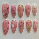24pcs Flower Butterfly Design False Nails Art Summer Sweet Colorful Smudge Almond Full Cover Nail Rhinestone Press on Fake Nails