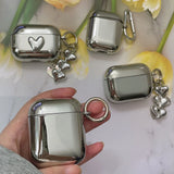 Electroplated Silver Soft TPU Case For AirPods 4 3 Pro 2 1 Mirror Plating Earphone Protective Cover Heart Keychain Accessories