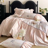 600TC Egyptian Cotton Pink Butterfly Print Pleated Ruffles Bedding Set Duvet Cover Bed Sheet/Fitted Bed Sheet Pillowcases 4Pcs