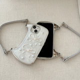 3D Bow Pearl Handbag Hand Strap Phone Case For iPhone 16 15 14 13 12 11 Pro X XR XS Max Soft Shockproof Cover