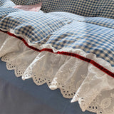 Blue Plaid Lace Ruffles Bedding Set 100% Cotton Double Layer Thread Wrinkled Yarn Duvet Cover Flat/Fitted Bed Sheet Pillowcases