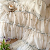 Three-layer Floral Embroidered Lace Ruffles 1000TC Egyptian Cotton Bedding Set Duvet Cover Flat/Fitted Bed Sheet Pillowcase 4Pcs