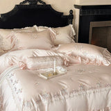 800TC Lyocell Bamboo Fiber Soft Silky Bedding Set Rose Floral Embroidery Lace Ruffles Duvet Cover Flat/Fitted Sheet Pillowcases