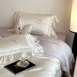Organza Lace Ruffles Butterfly Embroidery Bedding Set Lyocell Cotton Soft Silky Duvet Cover Flat/Fitted Bed Sheet Pillowcases