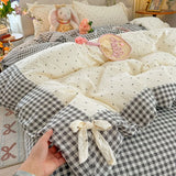 3/4Pcs Bedding Set Plaid Polka Dot Cotton Bedding Princess-Style For Home Double Bed Duvet Cover Bed Sheets With Pillowcase