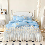 3Pcs Pink Skin-friendly Soft Three-dimensional Flowers Embroidery Lace Ruffles Princess Bedding Set Duvet Cover With Pillowcases