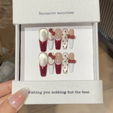 Cute French Press on Nails Sweet Red Bowknot Polka Dots Design Fake Nails with Glue Cat Eye Coffin Wearable Full Cover Nail Tips