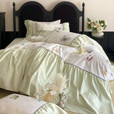 600TC Egyptian Cotton Pink Butterfly Print Pleated Ruffles Bedding Set Duvet Cover Bed Sheet/Fitted Bed Sheet Pillowcases 4Pcs