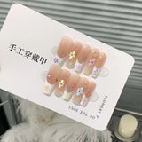 10Pcs Handmade Press on Nails Full Cover Long Coffin 3D Flowers Butterfly False Nails Shiny French Ballerina Wearable Manicure