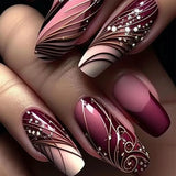 24pc Gradient False Nails with Jelly Glue Press on Nails Rose Black Lines Designs Ballet Fake Nails Wearable Full Cover Nail Tip