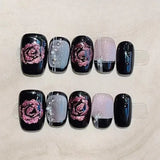 10Pcs Red Black Handmade Press on Nails Full Cover Shiny Cat Eye Flower Rose Sweet Cool French Short Ballet Wearable False Nails