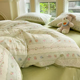 New Pure Cotton Bedding Set with Fitted Sheet Duvet Cover Pillowcase Simple Printed Grid Comfortable Bedclothes Single Double