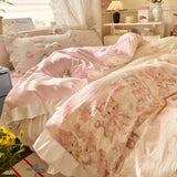 Korean Princess Style 4Pcs Floral Ruffles Bedding Set Single Queen Size Soft Skin-friendly Washed Cotton Duvet Cover Pillowcase