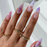 24pcs Long Almond Stiletto Fake Nails Press on Gradient Blue Nails Rhinestone Flower Pearl Design False Nail Wearable Manicure