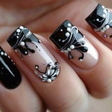 24Pcs/Box Blue False Nails Press on Nails Full Cover Cartoon Black Cat Glitter Sky Moon Stars Design French Wearable Manicure