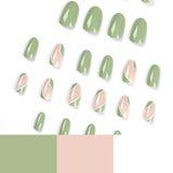 24Pcs Simple Green French False Nails Short Almond Fake Nails with Wave Line Design Wearable Round Head Press on Nail Tips