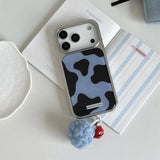Ins Simple Plating Blue Cow Pattern Phone Case with Hairball Pendant for iPhone 17 16 15 14 Pro Max Shockproof Protective Cover