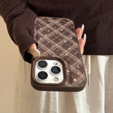 Korean Geometric Checkered Pattern Stars Leather Texture Phone Case for iPhone 17 16 15 14 13 12 11 Pro Max Shockproof Cover