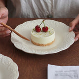 White Relief Dining Plate French Household Ceramic Round Plates Solid Color Dessert Flower Dish Simple Versatile Tableware