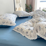 Floral Bedding Set Lace Trim Simple Fresh Elegant Flat Fitted Sheet With Pillowcases Soft Washed Cotton For Women Girl Gift