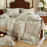 Vintage Oil Painting Style Flowers Ruffles Bedding Set Double Layer Yarn 100% Cotton Duvet Cover Flat/Fitted Sheet Pillowcases