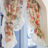 2 Pieces Flower Sheer Ruffled Short Curtain for Kitchen Sink Small Window Half Curtain Romantic French Tulle Door Drapes