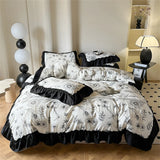 Washed Cotton Bedding Sets With Lace Black Printed Four Piece Set Bedroom Decor Duvet Cover Pillowcase Bedspread Bed Cover Sets