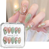10pcs Pink Green Cat Eye Almomd Press On Nails 3D Gold Bow Bead Mini Flower Gradient False Nail Tips Full Cover Nail Extensions