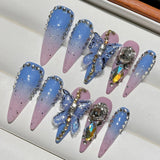 Press On Acyrlic Nails Pink Blue Gradient Fake Nails 3D Crystal Butterfly Decor Handmade False Nails Long Almond Full Diamonds