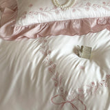 Flowers Embroidery Ruffles Princess Bedding Set Lyocell Bamboo Fiber Soft Silky Duvet Cover Flat/Fitted Bed Sheet Pillowcases