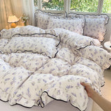 Heart Print Duvet Cover Set Princess Style Lace Ruffles Bedding Set Queen King Skin Friendly Soft Quilt Cover Sheet Pillowcases