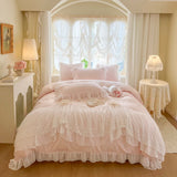 Double Layer Lace Ruffles Princess Wedding Bedding Set 100S Egyptian Cotton Duvet Cover Quilted Bedspread Bed Skirt Pillowcases