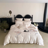Pink Flower Embroidery Luxury Bedding Set Lyocell Soft Silky Antimicrobial Duvet Cover Flat/Fitted Bed Sheet Pillowcases 4Pcs