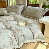 100% Brushed Cotton Bedding Set French Vintage Floral Duvet Cover Black Lace Trim Soft Pure Cotton Bed Sheet Pillowcases 4Pcs