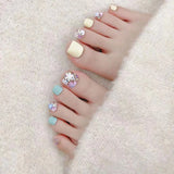 10pcs Handmade Square Fake Toe Nails With Colorful Flowers Designs Wearable Press On Nails Short Solid Color Glitter False Nails