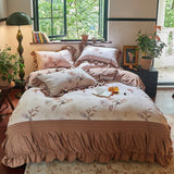 Egyptian Cotton Brushed Fabric Pleated Ruffles Rose Prints Bedding Set Duvet Cover Flat/Fitted Bed Sheet Pillowcases 4Pcs